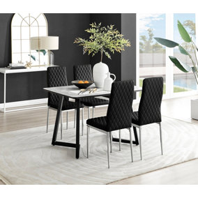 Furniturebox UK Carson White Marble Effect Dining Table & 4 Black Velvet Milan Chairs