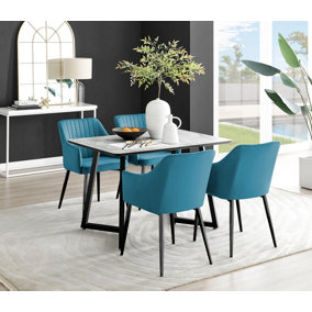 Furniturebox UK Carson White Marble Effect Dining Table & 4 Blue Calla Black Leg Chairs
