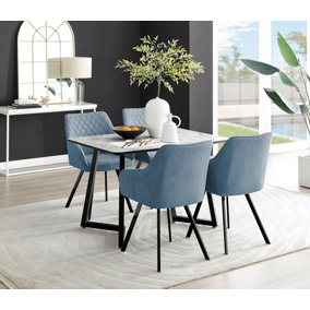 Furniturebox UK Carson White Marble Effect Dining Table & 4 Blue Falun Black Leg Chairs