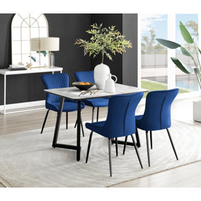 Furniturebox UK Carson White Marble Effect Dining Table & 4 Blue Nora Black Leg Chairs