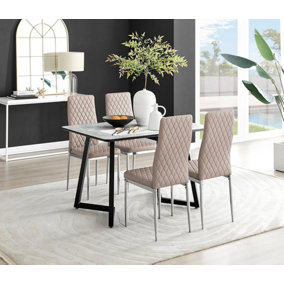 Furniturebox UK Carson White Marble Effect Dining Table & 4 Cappuccino Milan Chrome Leg Chairs