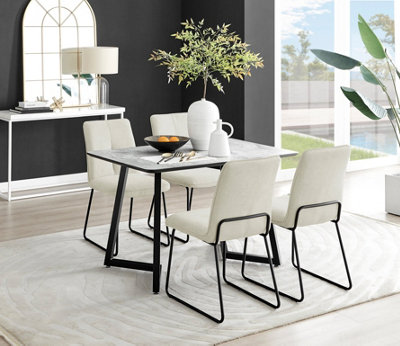 Furniturebox UK Carson White Marble Effect Dining Table & 4 Cream Halle Chairs