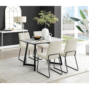 Furniturebox UK Carson White Marble Effect Dining Table & 4 Cream Halle Chairs