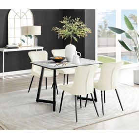Furniturebox UK Carson White Marble Effect Dining Table & 4 Cream Nora Black Leg Chairs