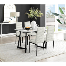 Furniturebox UK Carson White Marble Effect Dining Table & 4 Cream Velvet Milan Black Leg Chairs