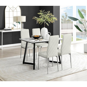 Furniturebox UK Carson White Marble Effect Dining Table & 4 Cream Velvet Milan Chairs