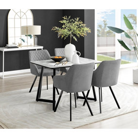 Furniturebox UK Carson White Marble Effect Dining Table & 4 Dark Grey Falun Black Leg Chairs