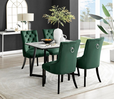 Furniturebox UK Carson White Marble Effect Dining Table & 4 Green Belgravia Black Leg Chairs