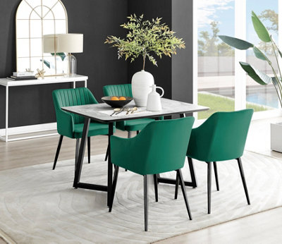 Furniturebox UK Carson White Marble Effect Dining Table & 4 Green Calla Black Leg Chairs