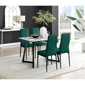 Furniturebox UK Carson White Marble Effect Dining Table & 4 Green Velvet Milan Black Leg Chairs