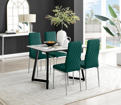 Furniturebox UK Carson White Marble Effect Dining Table & 4 Green Velvet Milan Chairs