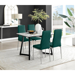 Furniturebox UK Carson White Marble Effect Dining Table & 4 Green Velvet Milan Chairs