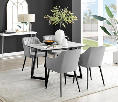 Furniturebox UK Carson White Marble Effect Dining Table & 4 Grey Calla Black Leg Chairs