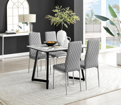 Furniturebox UK Carson White Marble Effect Dining Table & 4 Grey Milan Chrome Leg Chairs