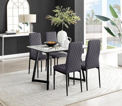 Furniturebox UK Carson White Marble Effect Dining Table & 4 Grey Velvet Milan Black Leg Chairs