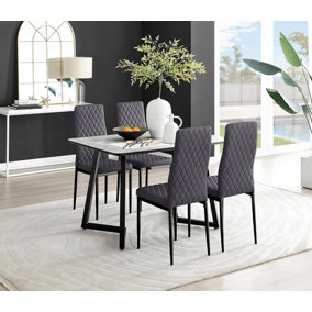 Furniturebox UK Carson White Marble Effect Dining Table & 4 Grey Velvet Milan Black Leg Chairs