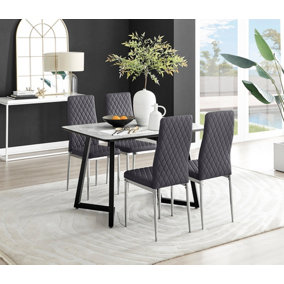Furniturebox UK Carson White Marble Effect Dining Table & 4 Grey Velvet Milan Chairs