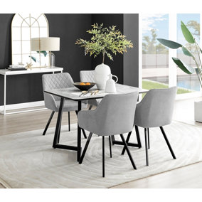 Furniturebox UK Carson White Marble Effect Dining Table & 4 Light Grey Falun Black Leg Chairs