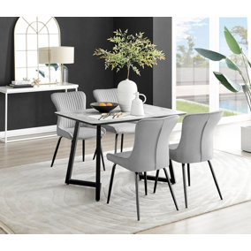 Furniturebox UK Carson White Marble Effect Dining Table & 4 Light Grey Nora Black Leg Chairs