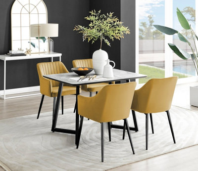 Furniturebox UK Carson White Marble Effect Dining Table & 4 Mustard Calla Black Leg Chairs