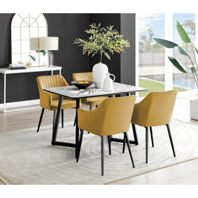 Furniturebox UK Carson White Marble Effect Dining Table & 4 Mustard Calla Black Leg Chairs