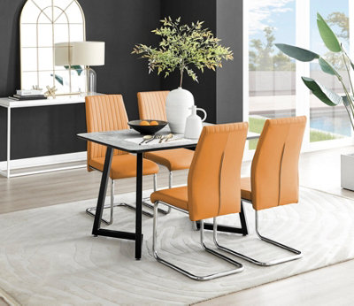 Furniturebox UK Carson White Marble Effect Dining Table & 4 Mustard Lorenzo Chairs
