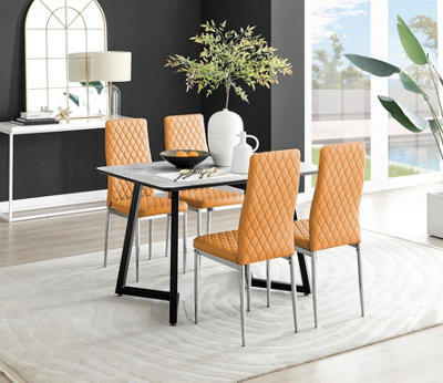 Furniturebox UK Carson White Marble Effect Dining Table & 4 Mustard Milan Chrome Leg Chairs