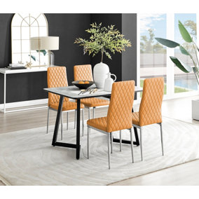 Furniturebox UK Carson White Marble Effect Dining Table & 4 Mustard Milan Chrome Leg Chairs