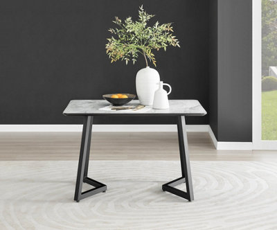 Furniturebox UK Carson White Marble Effect Dining Table & 4 Mustard Velvet Milan Black Leg Chairs