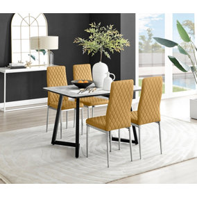 Furniturebox UK Carson White Marble Effect Dining Table & 4 Mustard Velvet Milan Chairs