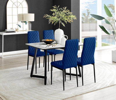 Furniturebox UK Carson White Marble Effect Dining Table & 4 Navy Velvet Milan Black Leg Chairs