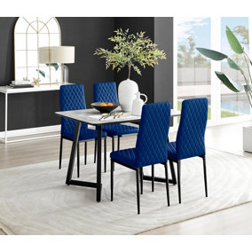Furniturebox UK Carson White Marble Effect Dining Table & 4 Navy Velvet Milan Black Leg Chairs