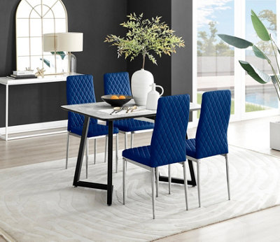 Furniturebox UK Carson White Marble Effect Dining Table & 4 Navy Velvet Milan Chairs