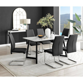 Furniturebox UK Carson White Marble Effect Dining Table & 6 Black Lorenzo Chairs