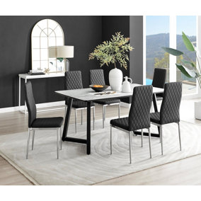 Furniturebox UK Carson White Marble Effect Dining Table & 6 Black Milan Chrome Leg Chairs