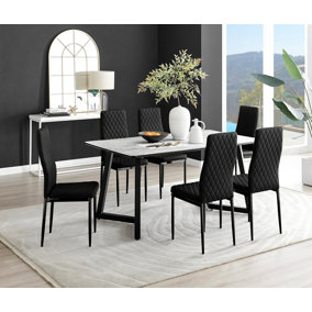 Furniturebox UK Carson White Marble Effect Dining Table & 6 Black Velvet Milan Black Leg Chairs