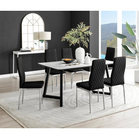 Furniturebox UK Carson White Marble Effect Dining Table & 6 Black Velvet Milan Chairs