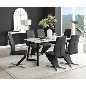 Furniturebox UK Carson White Marble Effect Dining Table & 6 Black Willow Chairs