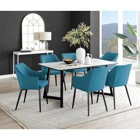 Furniturebox UK Carson White Marble Effect Dining Table & 6 Blue Calla Black Leg Chairs