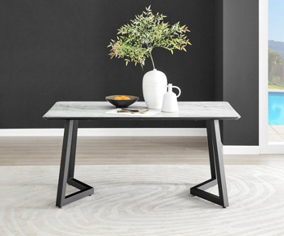 Furniturebox UK Carson White Marble Effect Dining Table & 6 Blue Calla Black Leg Chairs