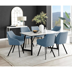 Furniturebox UK Carson White Marble Effect Dining Table & 6 Blue Falun Black Leg Chairs
