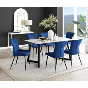 Furniturebox UK Carson White Marble Effect Dining Table & 6 Blue Nora Black Leg Chairs