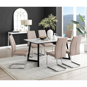 Furniturebox UK Carson White Marble Effect Dining Table & 6 Cappuccino Lorenzo Chairs