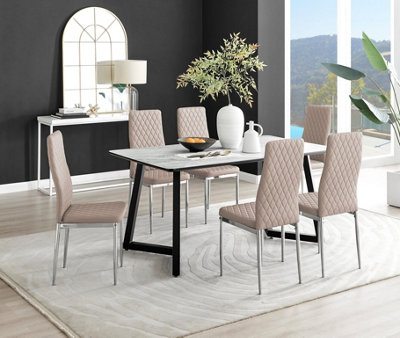Furniturebox UK Carson White Marble Effect Dining Table & 6 Cappuccino Milan Chrome Leg Chairs