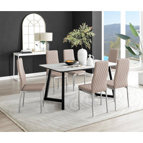 Furniturebox UK Carson White Marble Effect Dining Table & 6 Cappuccino Milan Chrome Leg Chairs