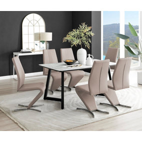 Furniturebox UK Carson White Marble Effect Dining Table & 6 Cappuccino Willow Chairs