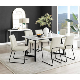 Furniturebox UK Carson White Marble Effect Dining Table & 6 Cream Halle Chairs