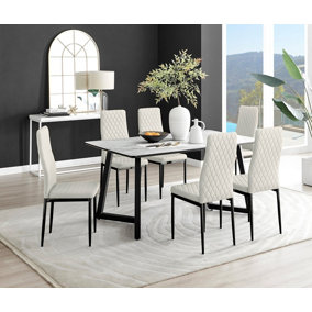 Furniturebox UK Carson White Marble Effect Dining Table & 6 Cream Velvet Milan Black Leg Chairs