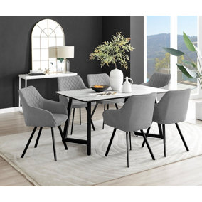 Furniturebox UK Carson White Marble Effect Dining Table & 6 Dark Grey Falun Black Leg Chairs