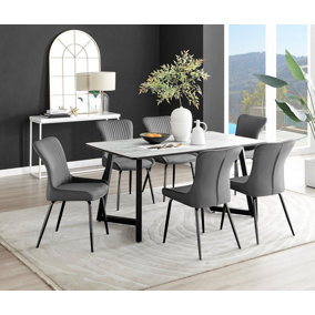 Furniturebox UK Carson White Marble Effect Dining Table & 6 Dark Grey Nora Black Leg Chairs